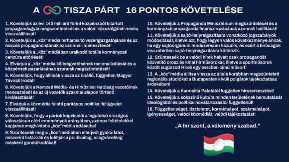 A TISZA Párt 16 pontos követelése